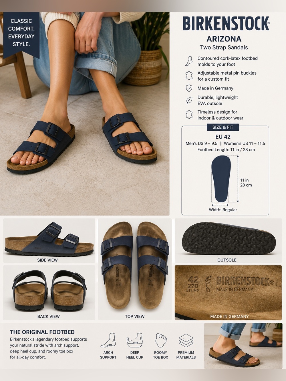 Birkenstock Arizona Navy Blue Two Strap Sandals EU 42 Men's 9-9.5 Women's 11.5